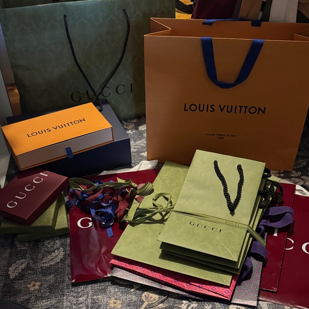 Assorted LV and Gucci Bags and Ribbons
